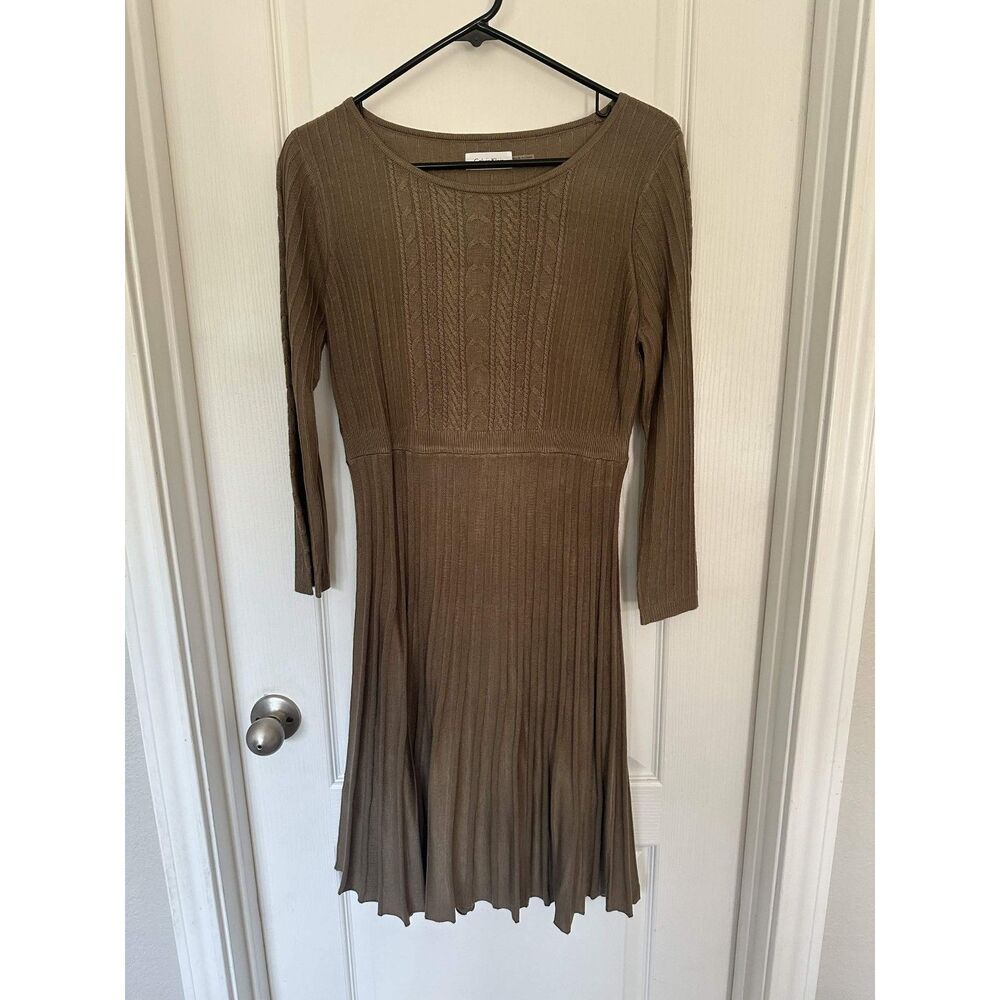 Calvin Klein Taupe Ribbed Cable Knit Fit Flare Classic Sweater Dress Pleated L - Picture 2 of 7